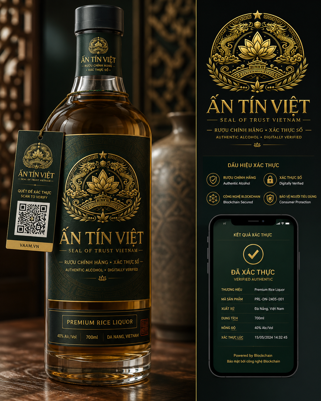 Vietnamese spirit bottle bearing the Ấn Tín Việt authenticity seal